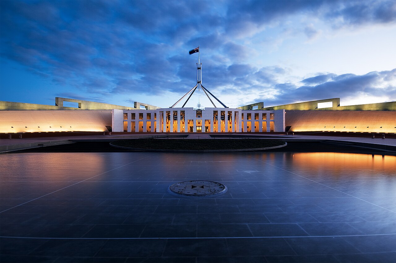Parliament House, Canberra, viewed from the front lawns