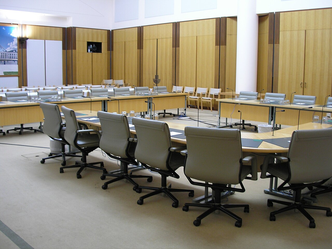An empty House of Representatives committee room at Parliament House, Canberra